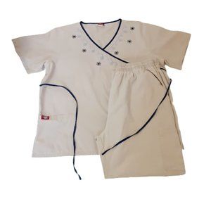 Sherly Uniforms Scrub Top & Pants 2XL Beige with Blue & Pink Embroidery.